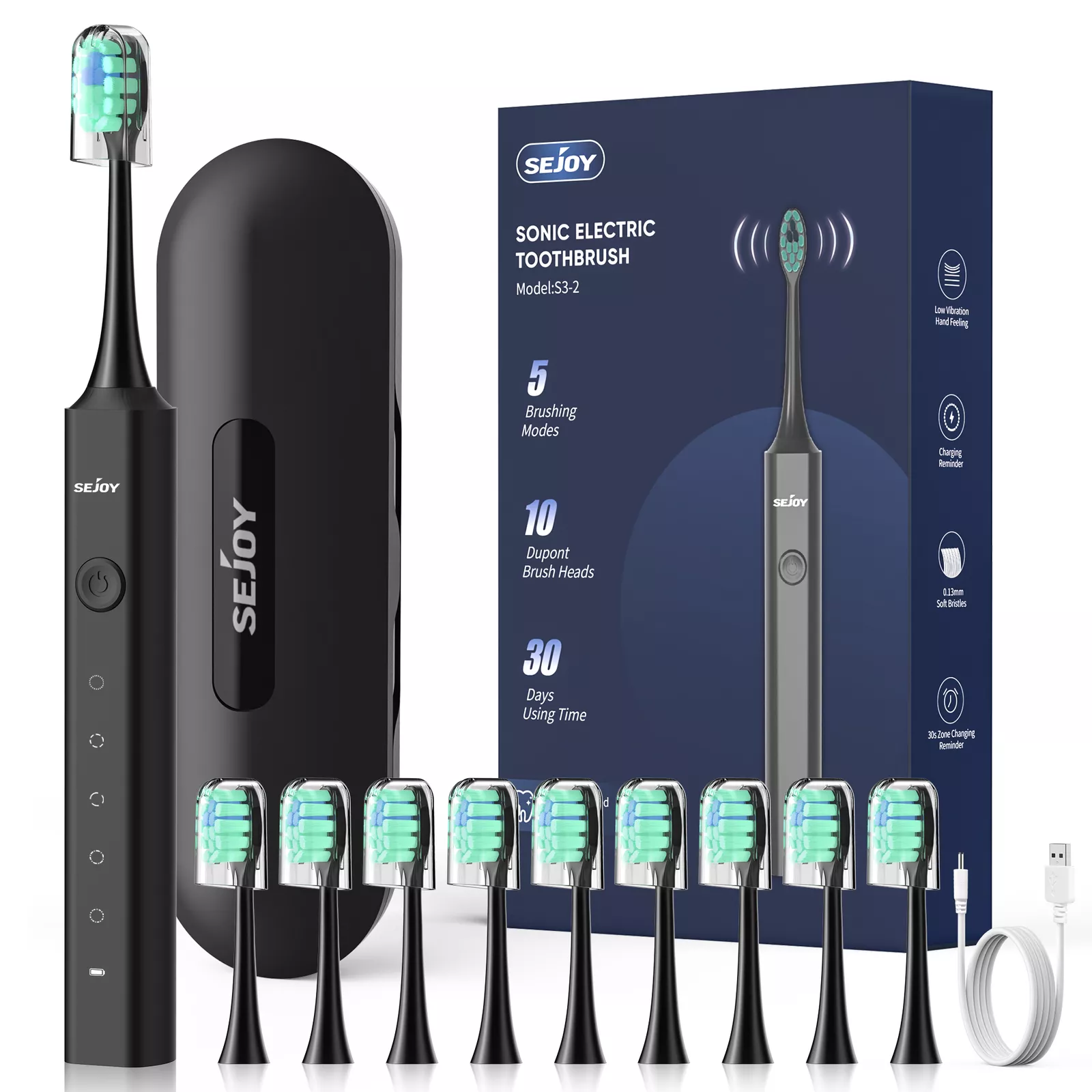 SEJOY Sonic Electric Toothbrush USB Rechargeable W/10 Brush Heads 5 Modes